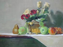Mixed Roses, Brass Container, Fruit, 20x24