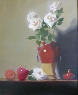 White Roses in Tall Clay Vase, 24x20