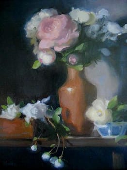 Pink Peonies in Mexican Copper Vase, 18x14