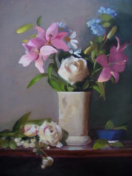 White Roses in Stone Vase, 24x20