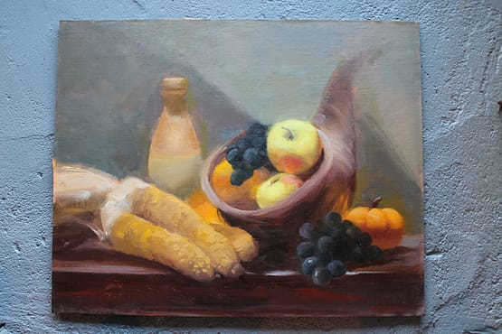 Wright Moore - Oil Painter | Dinner Counter bearing Three Ears of Corn, a Wooden Bowl with Grapes and Apples, and a Loose Pumpkin